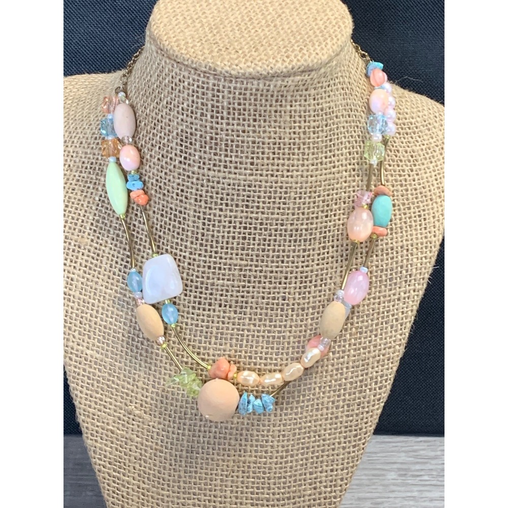 Monet Pastel Mixed Media Double Strand Beaded Necklace Gold Tone 16-19 Inch